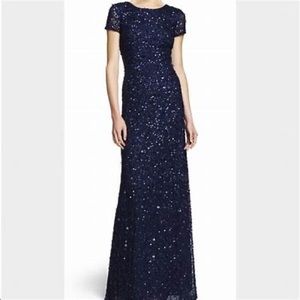 Adrianna Papell Scoop Back Navy Blue Sequin Short Sleeve Gown 6 Petite